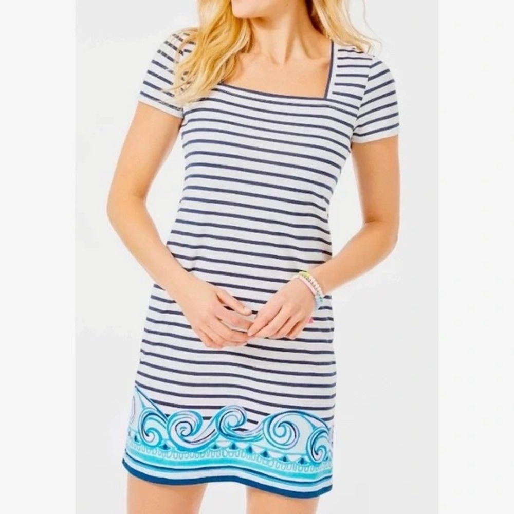 NWT Lilly Pulitzer Rexa T-Shirt Dress True Navy On The Horizon Stripe Summer